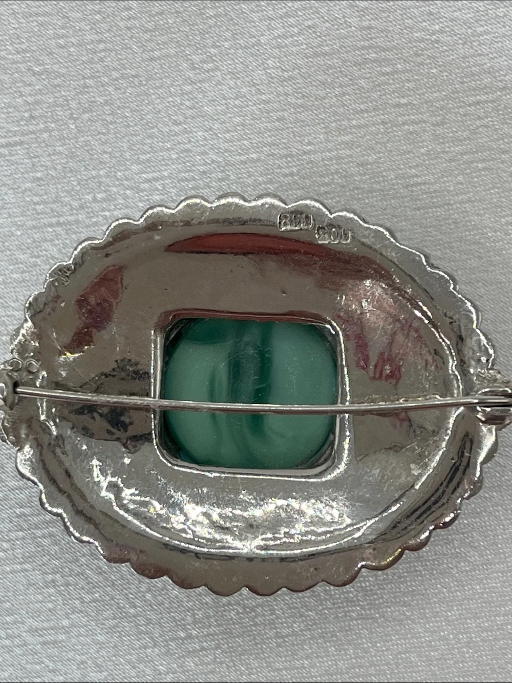 Vintage Green stone brooch. Marked 800 continental Silver frame Piece 2.1 oz/59g